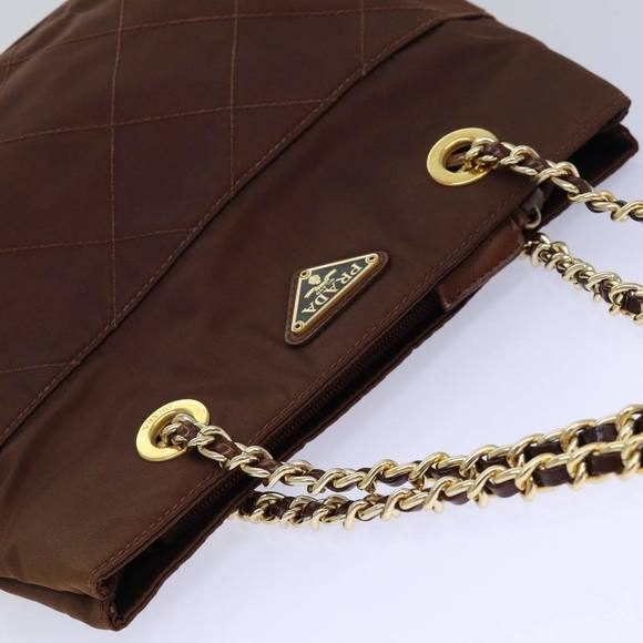 PRADA Chain Shoulder Bag Nylon Brown Gold Auth 85466 - Picture 6 of 16